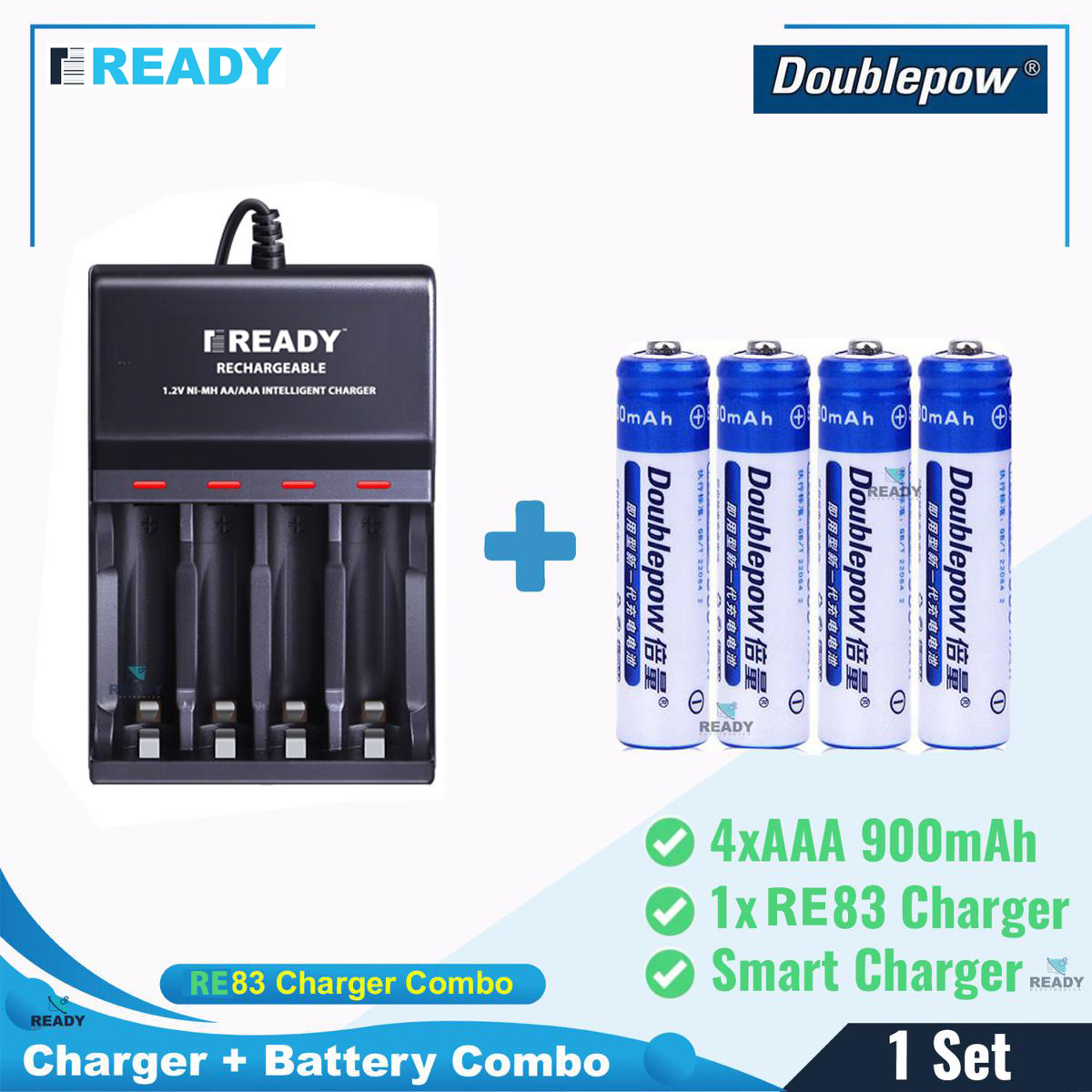 Picture of READY RE83 Charger and AAA Ni-Mh Battery 1.2V 900mAh LSD AAA NiMh Rechargeable Battery- RE83+ 4pcs AAA 900mAh