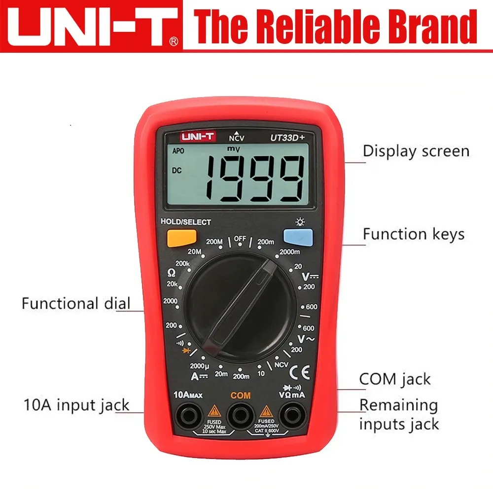 Picture of UNI-T UT33D+ Mini Digital Multimeter 600V NCV Palm Size Manual Range AC DC Voltmeter Ammeter Resistance Capatitance Tester
