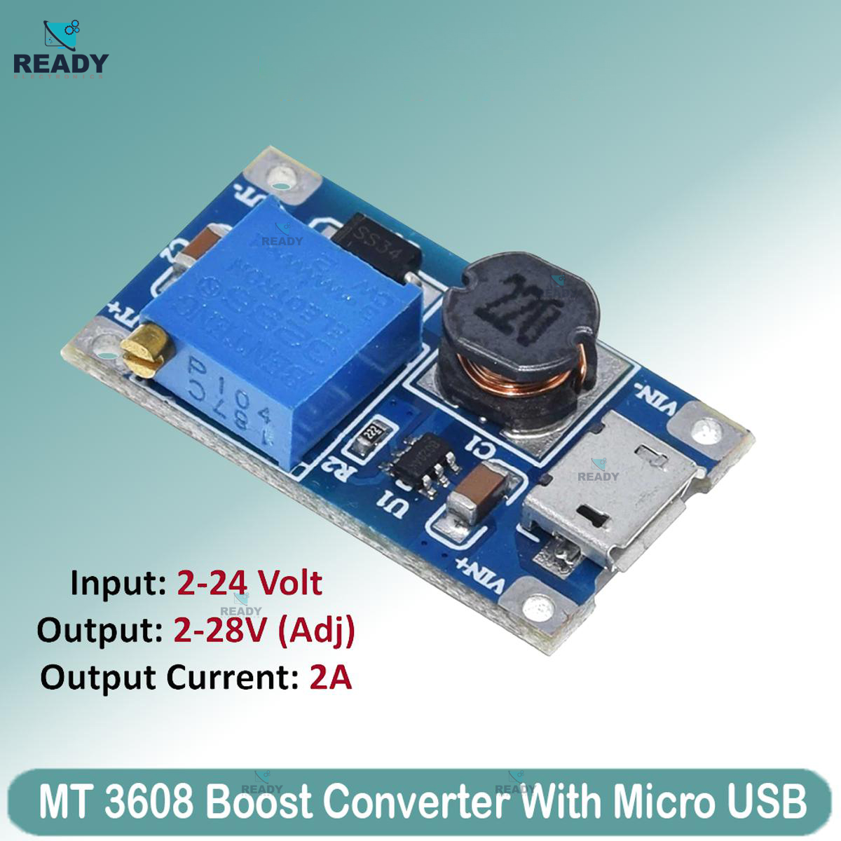 Picture of MT3608 2A Adjustable DC-DC Boost / Step Up Converter With Micro USB Input 2V-24V Output 2V-28V adjustable