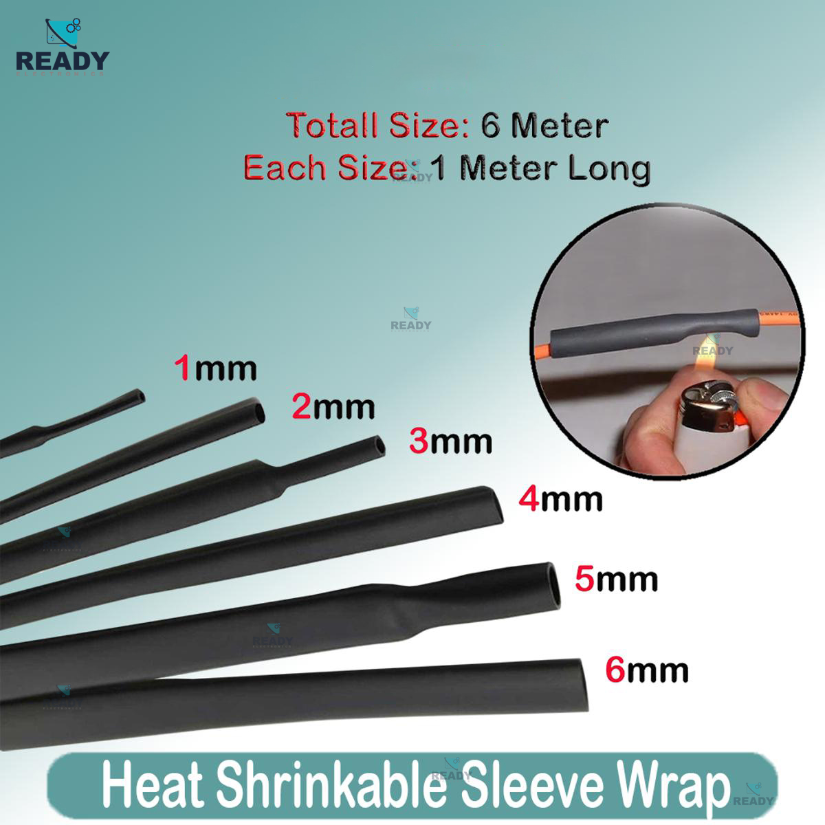 Picture of 6 Meter Shrinkable Wrap Sleeve For Cables (1 Meter Each Size) 1mm,2mm,3mm,4mm,5mm,6mm Heat Sleeve