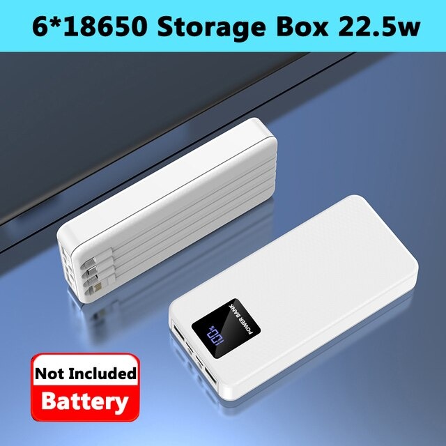 Picture of 4 Cable Fast Power Bank Box Kit Flashlight USB Type C 18650 Battery Storage Box Charger 22.5W For Mobile Phone and others- Battery Not included (6 Battery Model)