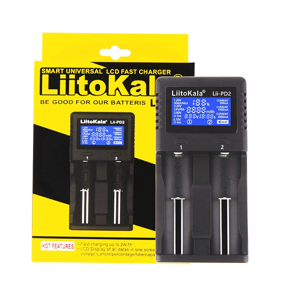 Picture of Liitokala Lii-PD2 18650 Charger 1.2V 3.7V 3.2V 3.85V AA/AAA 26650 10440 14500 16340 18350 Smart Charger  LIITOKALA LII-PD2 Smart Battery Charger for 18650 26650 21700 NiMH Lithium Rechargeable Batteries 2 Slots Independent Charging Picture of Liitokala Lii-PD2 18650 Charger 1.2V 3.7V 3.2V 3.85V AA/AAA 26650 10440 14500 16340 18350 Smart Charger  LIITOKALA LII-PD2 Smart Battery Charger for 18650 26650 21700 NiMH Lithium Rechargeable Batteries 2 Slots Independent Charging