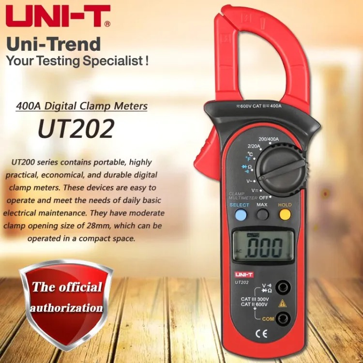 Picture of UNI-T UNI-T UT202 AC 400A Digital Clamp Meter, AC/DC Voltage Detector Digital Hold Full Symbol Display Diode Test Temperature Test Auto Shutdown Function- READY ELECTRONICS