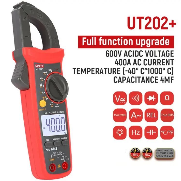 Picture of UNI-T UT202+ Digital True RMS Clamp Meter AC Current 400A, Voltage AC/DC 600V Voltage and Current Tester