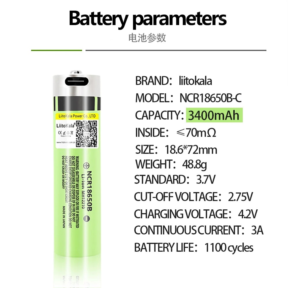 Picture of 2PCS LiitoKala USB-34B Type-C 18650 3.7V 3400mAh USB Rechargeable Li-ion Battery for Flashlight Electric Mouse Toy Battery