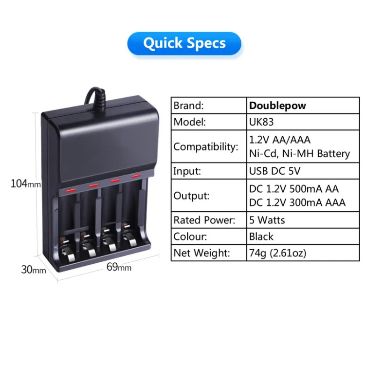 Picture of Battery Charger + 4 PCS AA 1200mAh Rechargeable Battery Combo Pack