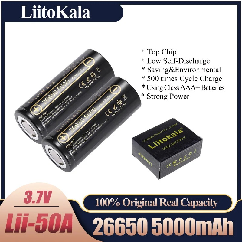 Picture of LiitoKala lii-50A 26650 5000mah lithium battery 3.7V 5000mAh 26650 rechargeable battery 26650-50A suitable for flashligh NEW- 2pcs