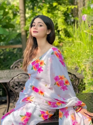 Picture of Georgette Printed Pearl Lace Shari With Matching Blouse pis Set Dress for women