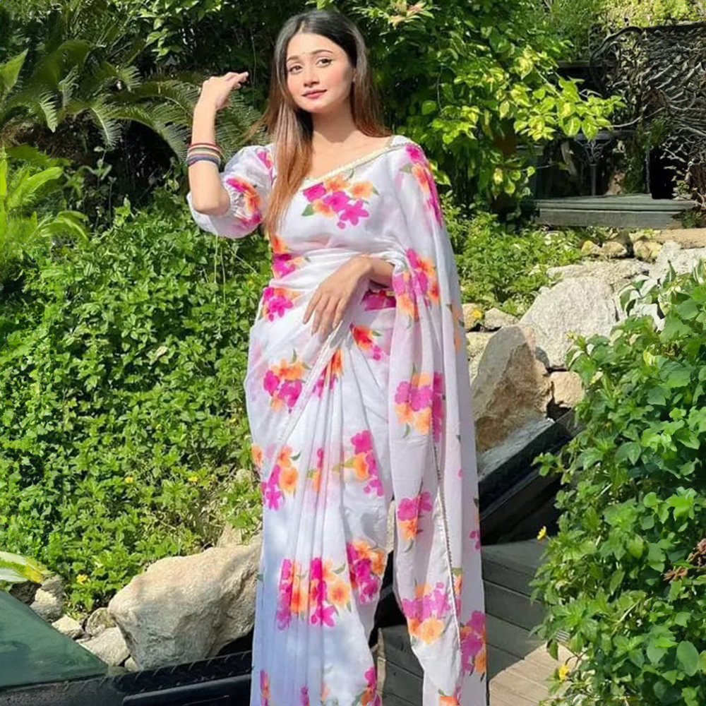 Picture of Georgette Pearl Lace Saree with Printed Blouse, 5.5m Saree and 0.8m Unstitched Blouse