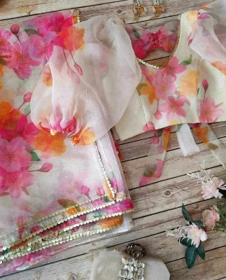 Picture of Georgette Pearl Lace Saree with Printed Blouse, 5.5m Saree and 0.8m Unstitched Blouse
