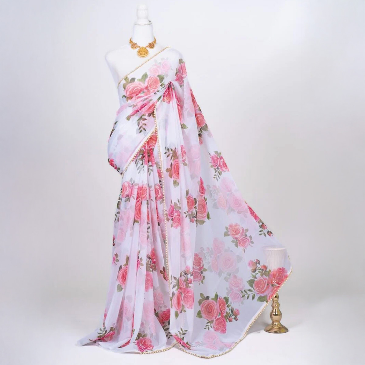 Picture of Georgette Pearl Lace Saree with Blouse – Printed Design, 5.5m Length, Free Blouse Size