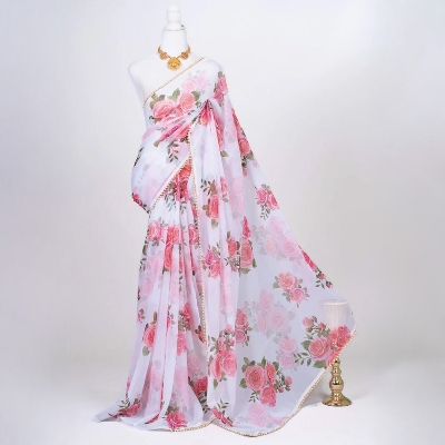 Picture of Georgette Pearl Lace Saree with Blouse – Printed Design, 5.5m Length, Free Blouse Size
