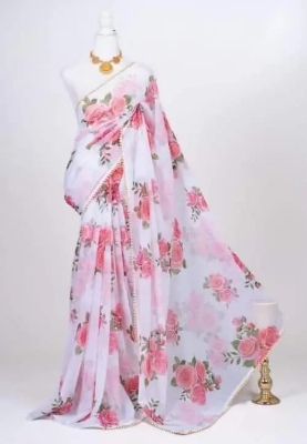 Picture of Georgette Pearl Lace Saree with Blouse – Printed Design, 5.5m Length, Free Blouse Size