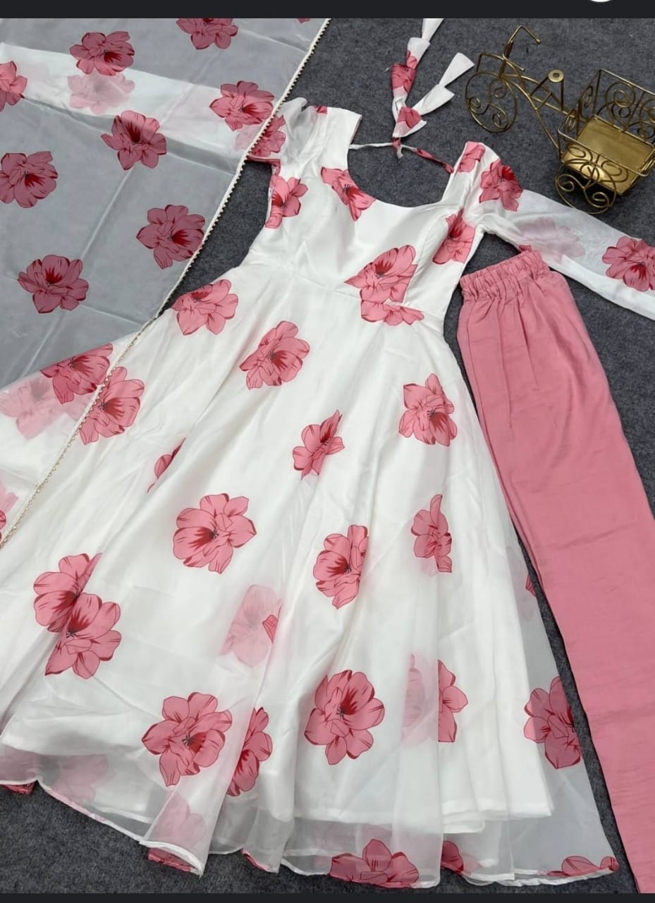Picture of Linen Ready-Made Gown Designed Long Salwar Kameez Orna - Elegant Three-Piece Dress for Stylish Women/Girls