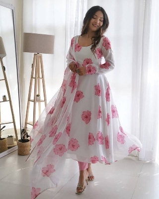 Picture of Linen Ready-Made Gown Designed Long Salwar Kameez Orna - Elegant Three-Piece Dress for Stylish Women/Girls
