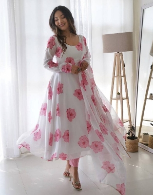 Picture of Linen Ready-Made Gown Designed Long Salwar Kameez Orna - Elegant Three-Piece Dress for Stylish Women/Girls