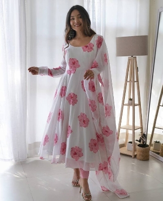 Picture of Linen Ready-Made Gown Designed Long Salwar Kameez Orna - Elegant Three-Piece Dress for Stylish Women/Girls