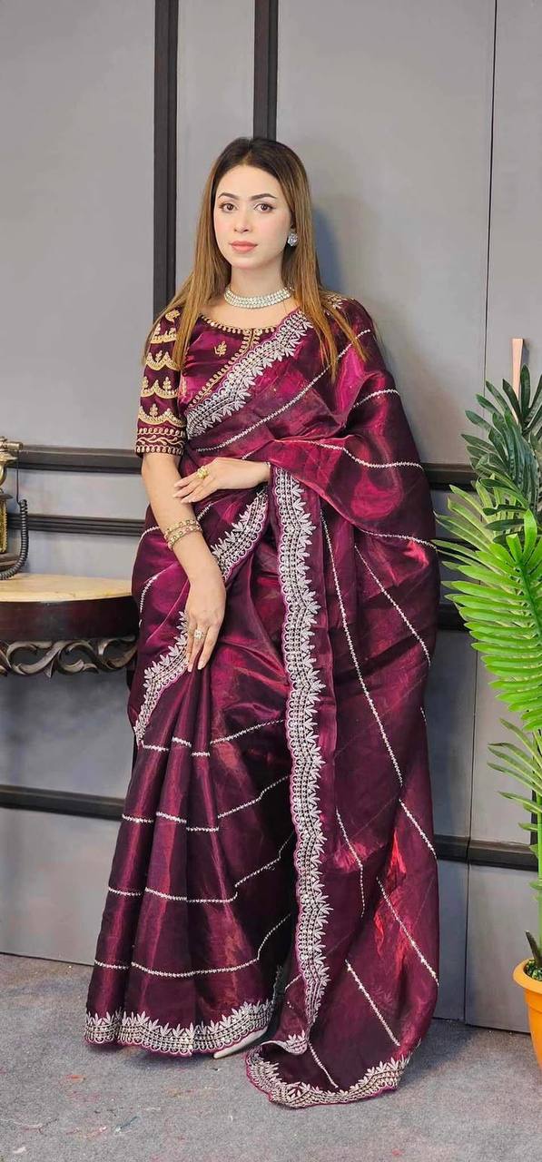 Picture of Shinning pure crystal silk Jimmy choo sarees  with seqnce & zari embroidered all over saree with Jimmychoo  matching heavy coding & seqnce embroidered readymade blouse