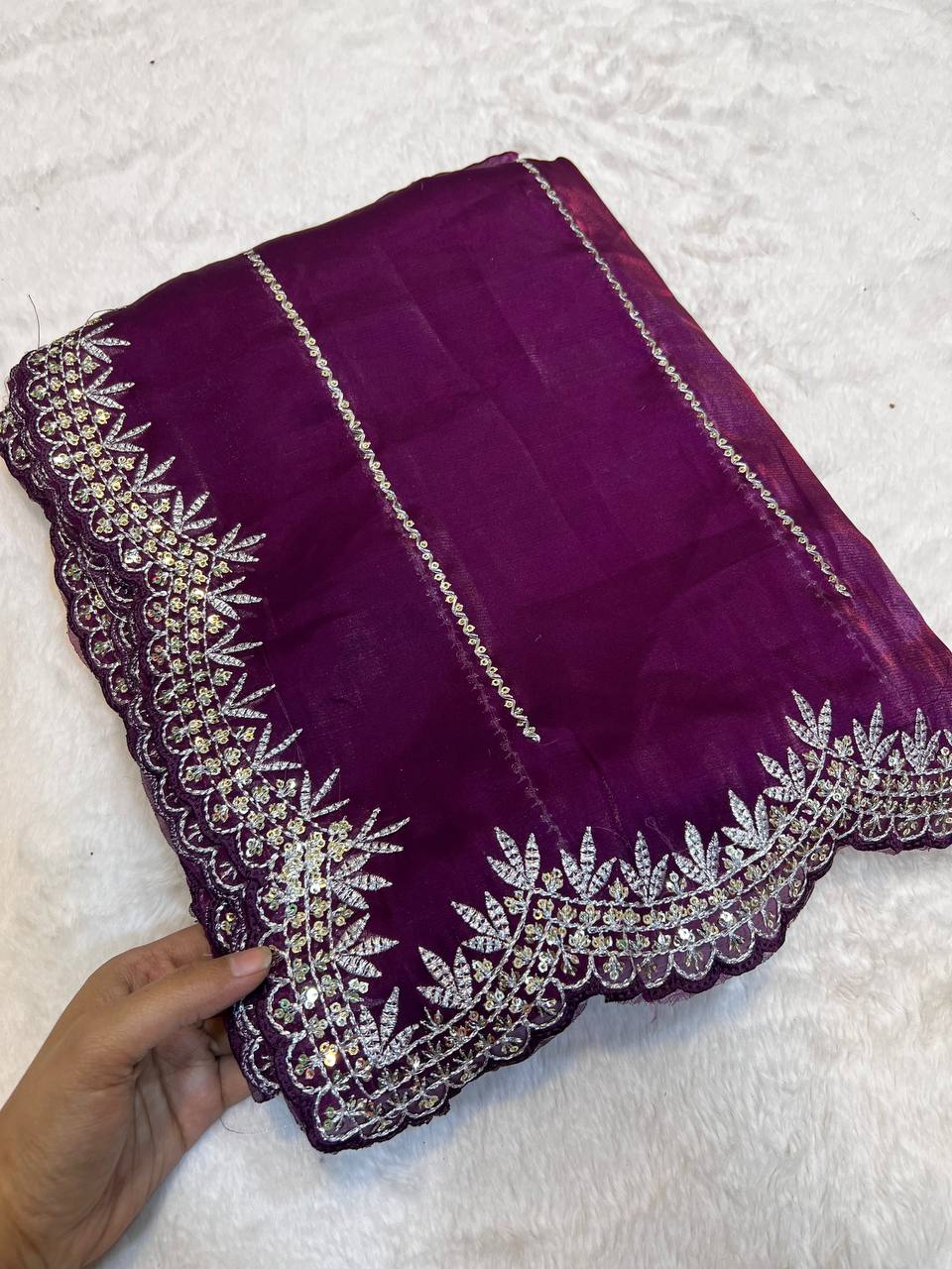 Picture of Shinning pure crystal silk Jimmy choo sarees  with seqnce & zari embroidered all over saree with Jimmychoo  matching heavy coding & seqnce embroidered readymade blouse