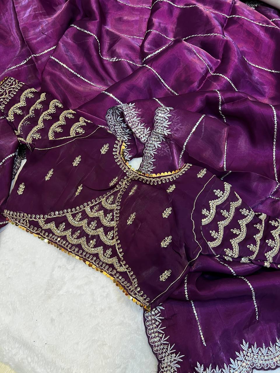 Picture of Shinning pure crystal silk Jimmy choo sarees  with seqnce & zari embroidered all over saree with Jimmychoo  matching heavy coding & seqnce embroidered readymade blouse