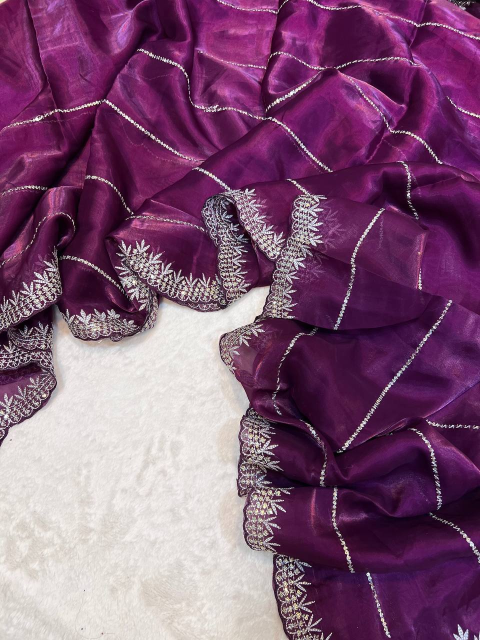 Picture of Shinning pure crystal silk Jimmy choo sarees  with seqnce & zari embroidered all over saree with Jimmychoo  matching heavy coding & seqnce embroidered readymade blouse