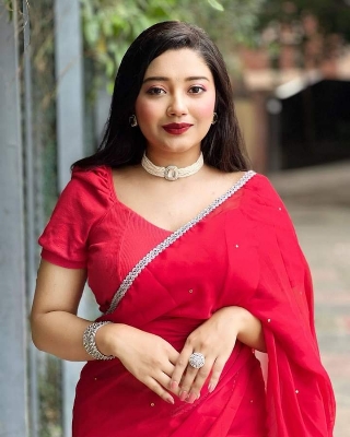 Picture of Lace and stone work Saree New Collection Red Color Fashionable Stylish and Comfortable Georgette lace Saree For Women