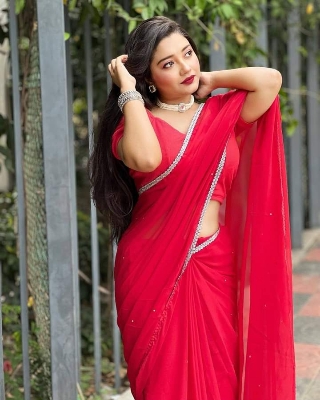 Picture of Lace and stone work Saree New Collection Red Color Fashionable Stylish and Comfortable Georgette lace Saree For Women