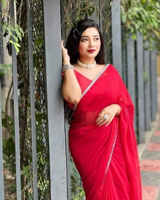 Picture of Lace and stone work Saree New Collection Red Color Fashionable Stylish and Comfortable Georgette lace Saree For Women