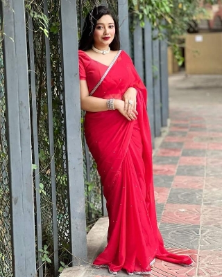 Picture of Lace and stone work Saree New Collection Red Color Fashionable Stylish and Comfortable Georgette lace Saree For Women
