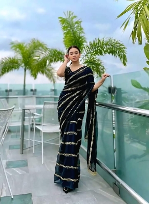 Picture of Exclusive Viral Georgette saree with embroidery work blouse pics