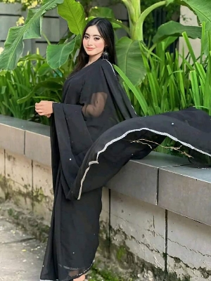 Picture of Lace and stone work Saree New Collection Black Color Fashionable Stylish and Comfortable Georgette lace Saree For Women