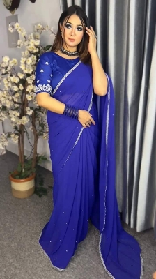 Picture of Exclusive Design Blue Color Georgette lace and stone work Saree With Matching Blouse pis for women