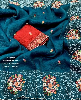 Picture of New paper crush emboridary sareeSoft paper crush silk saree with c-pallu emboridary and cutwork.