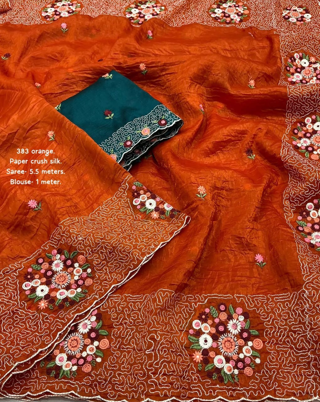 Picture of New paper crush emboridary sareeSoft paper crush silk saree with c-pallu emboridary and cutwork.
