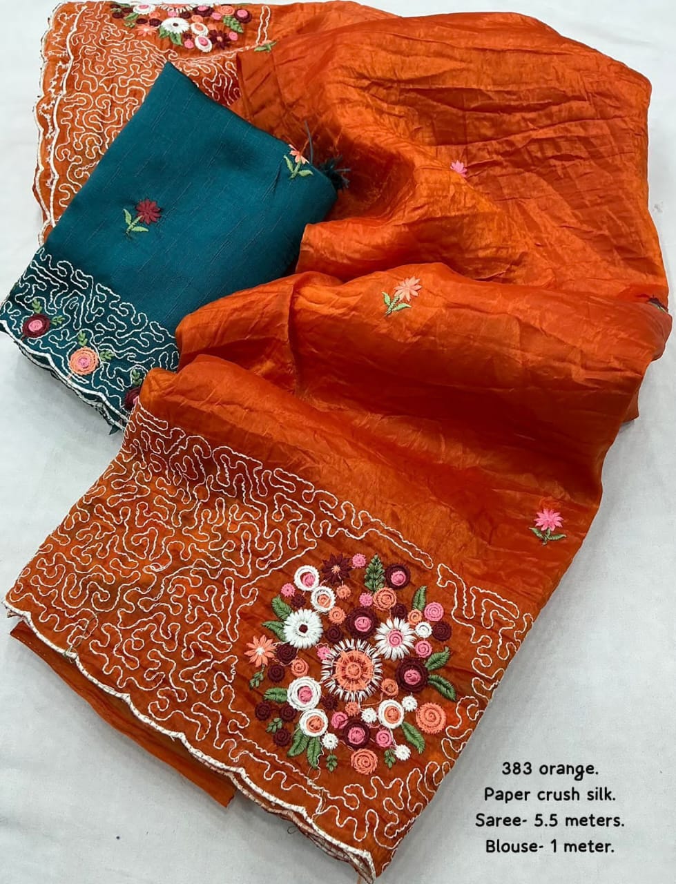 Picture of New paper crush emboridary sareeSoft paper crush silk saree with c-pallu emboridary and cutwork.