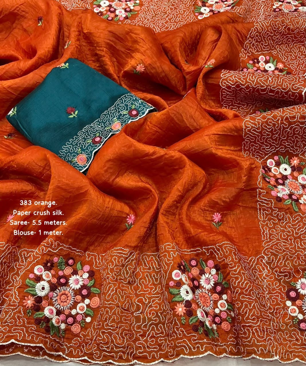 Picture of New paper crush emboridary sareeSoft paper crush silk saree with c-pallu emboridary and cutwork.