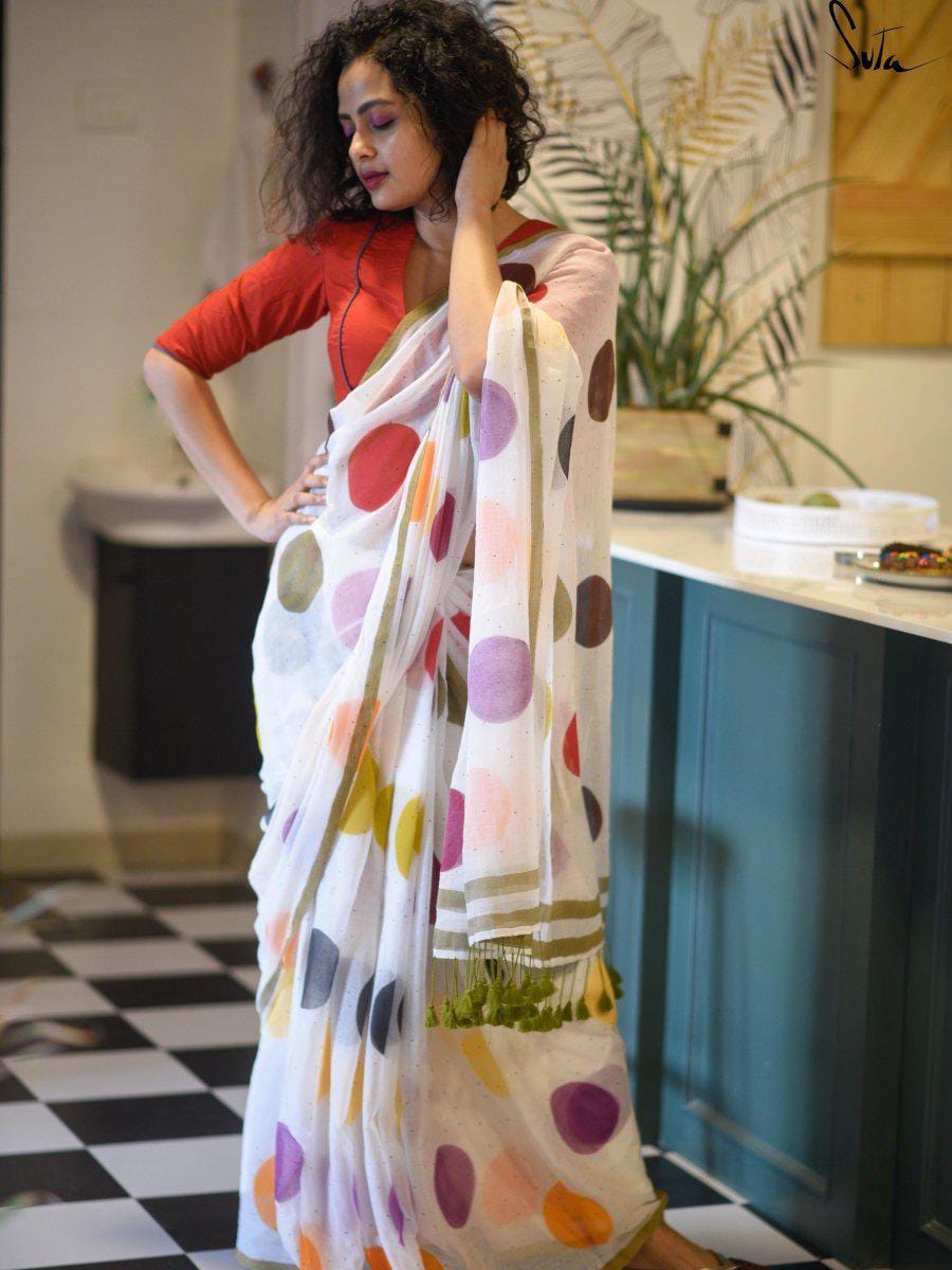 Picture of New Tranding Saree Collection Handloom  Lilen by cotton polka dot print