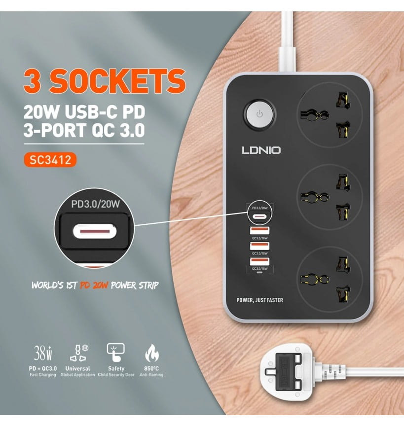 Picture of LDNIO SC3412 38W PD20W Power Strip 3 Socket Outlets and 3 QC 3.0 USB