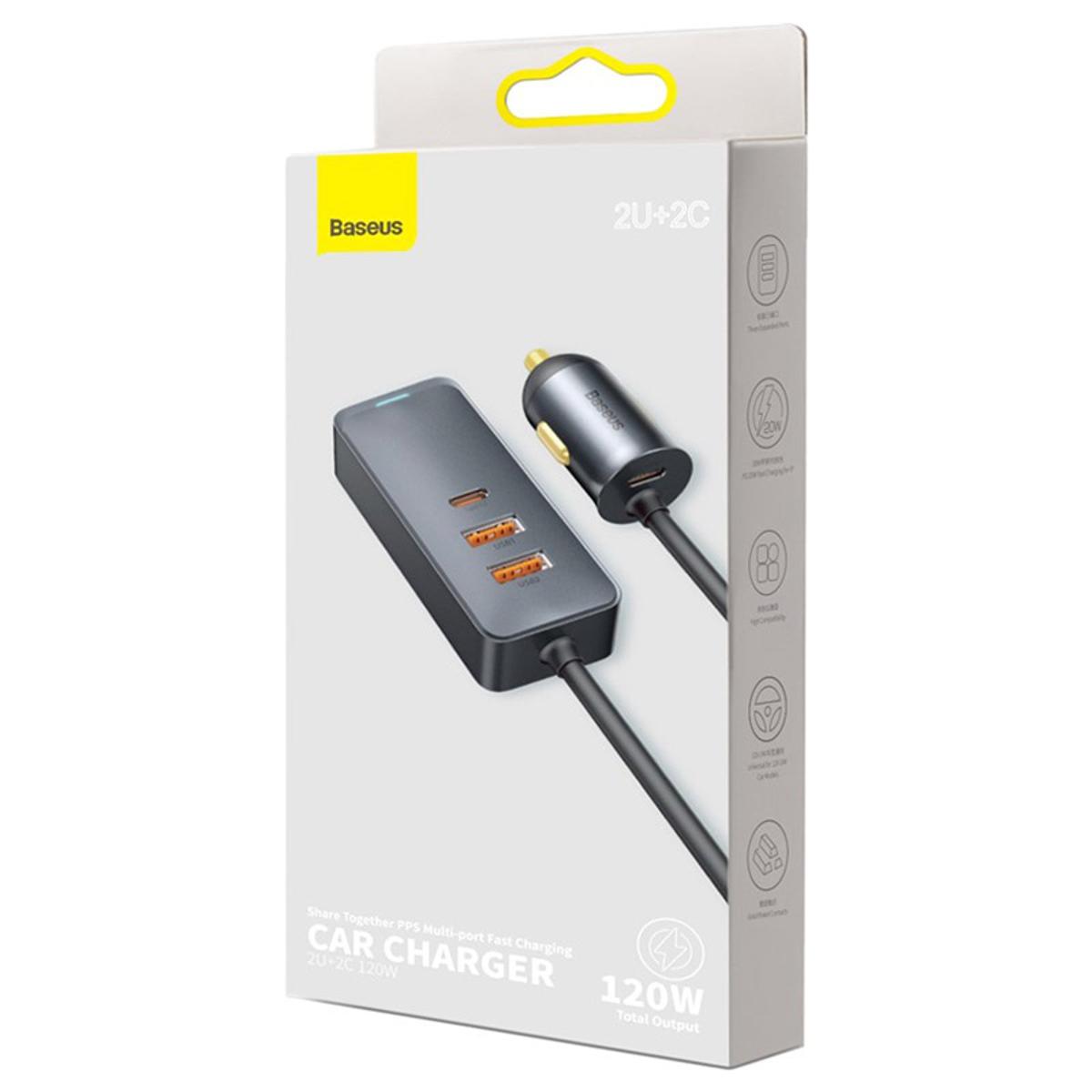 Picture of BASEUS SHARE TOGETHER PPS MULTI-PORT FAST CHARGING CAR CHARGER WITH EXTENSION CORD 120W 3U+1C GRAY
