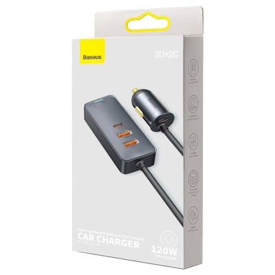 Picture of BASEUS SHARE TOGETHER PPS MULTI-PORT FAST CHARGING CAR CHARGER WITH EXTENSION CORD 120W 3U+1C GRAY