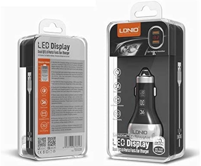 Picture of LDNIO C2 Dual QC3.0 USB with Car Battery Voltage LED Display Quick Charging Car Charger With Type-C Fast Charging Cable.