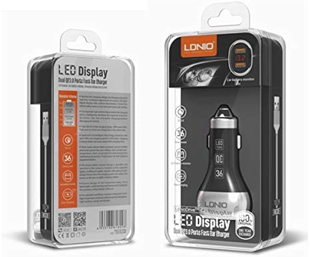 Picture of LDNIO C2 Dual QC3.0 USB with Car Battery Voltage LED Display Quick Charging Car Charger With i  phoneFast Charging Cable.