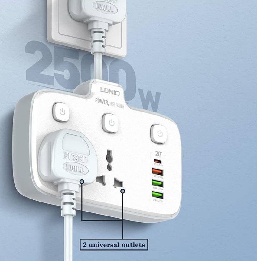 Picture of LDNIO SC2413 Universal Power Strip USB Outlet Extension Cord Adapter Wall Charger, 2500W-10A Power, Surge Protector Socket With 4 USB Port, USB-A / USB-C, White | SC2413