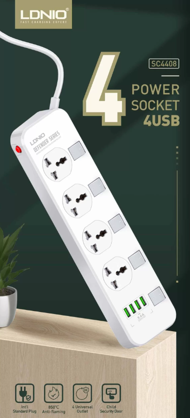 Picture of LDNIO SC4408 Power Strip With 4 Sockets & 4-Port USB Charger