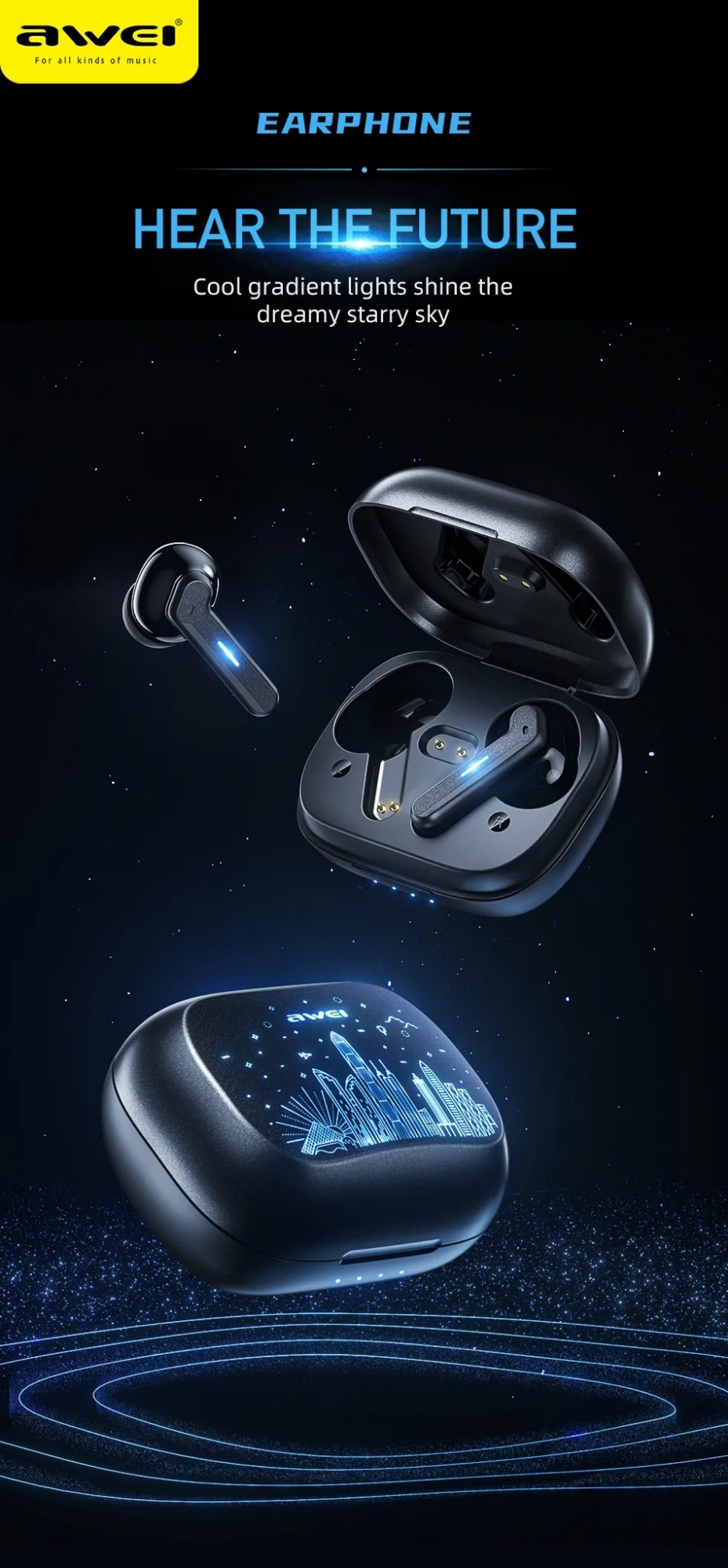 Picture of Awei T53 Wireless Bluetooth Earbuds RGB Colorful Light Earphones Bluetooth 5.3 Call Noise Reduction Headphone