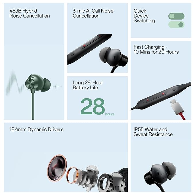 Picture of OnePlus Bullet Wireless Z2 ANC Wireless Earphones 3 Mic 45dB Hybrid Noice Cancellation  Lightweight Long Battery Life Fast Charging Neckband Style Earphone