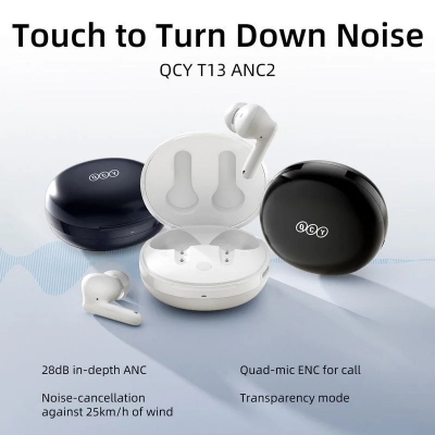 Picture of QCY T13 ANC 2 TWS Earphones 2nd Generation 4 Mic 28dB ANC Up to 30 hours Playtime with ANC off BT 5.3 68ms Gaming Mode IPX5 Waterproof 10mm Dynamic Driver Wireless Bluetooth Earbuds