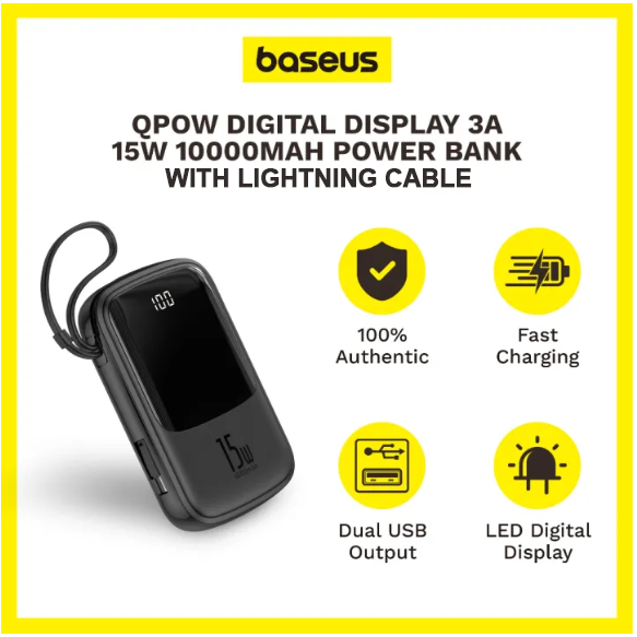 Picture of Baseus Qpow Digital Display 3A Powerbank 10000mAh Lightning  Cable Fast Charging Portable Travel Battery Power BankCab