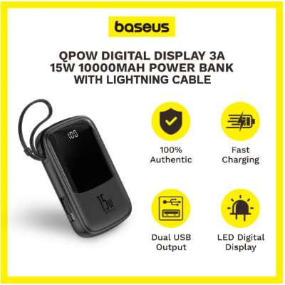 Picture of Baseus Qpow Digital Display 3A Powerbank 10000mAh Lightning  Cable Fast Charging Portable Travel Battery Power BankCab