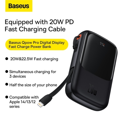 Picture of Baseus Qpow Pro 20000mAh Powerbank with Lighting Cable Digital Display 20W PD Fast Charge Power Bank